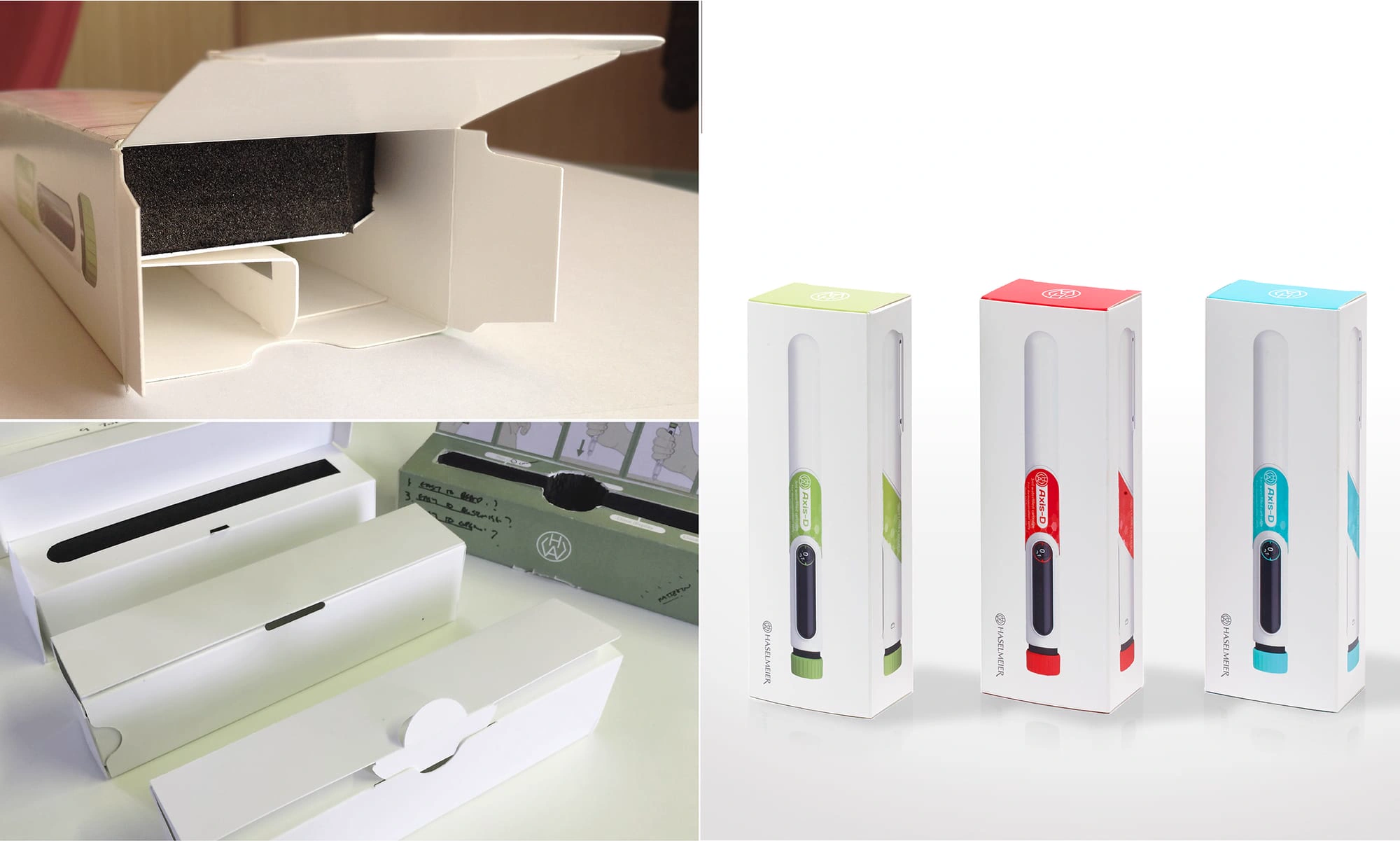 Final Axis-D cartons in three colours