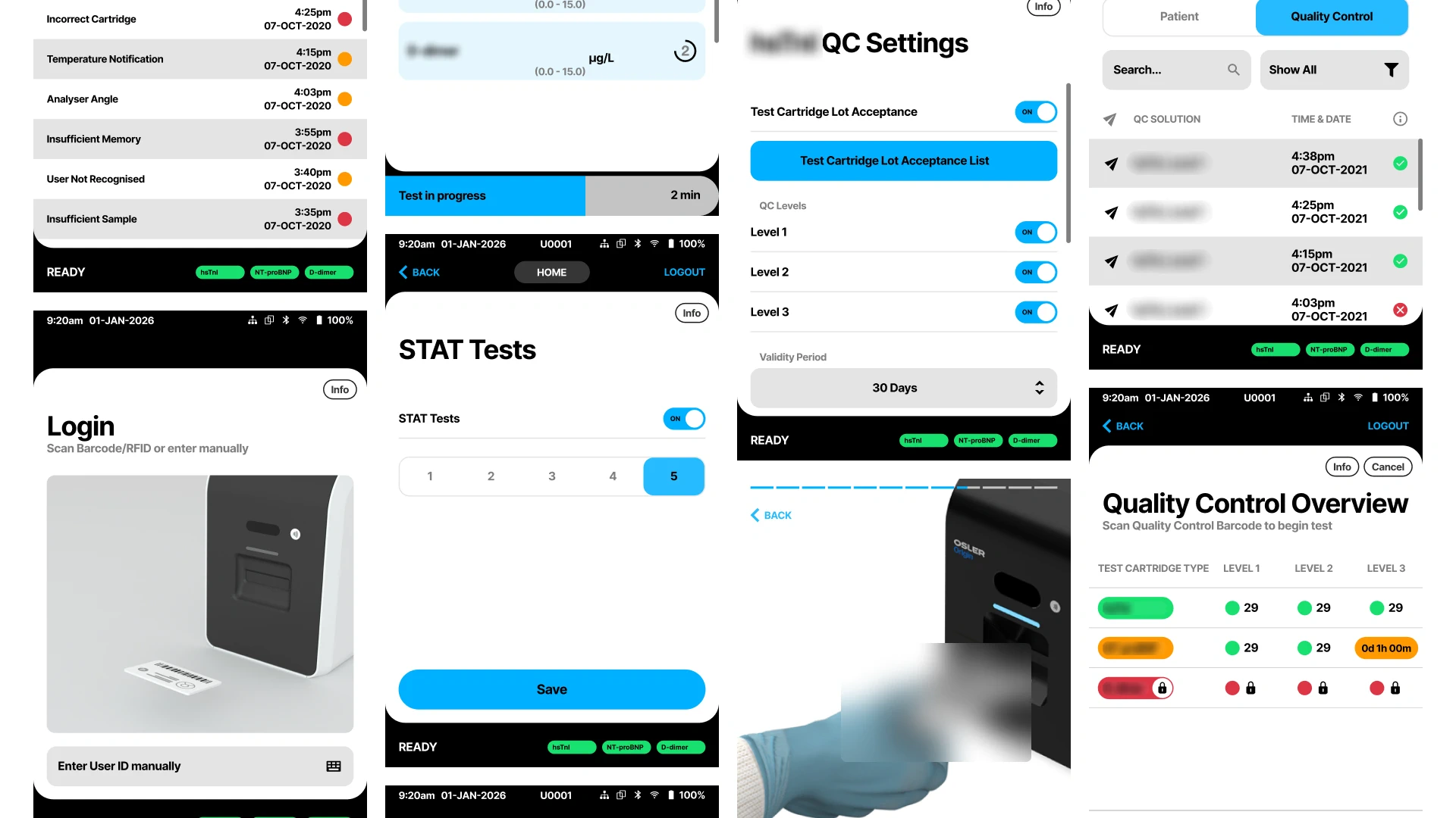 Final UI screens for the Osler Origin analyser