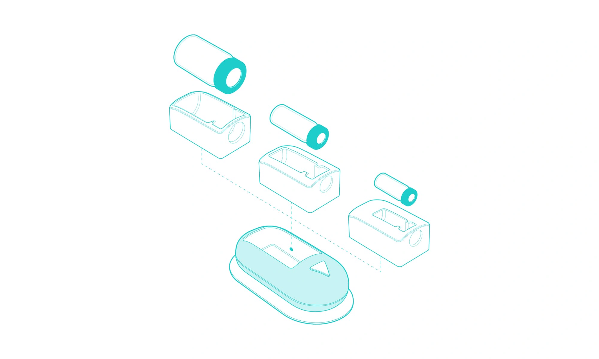 Exploded line drawing of the device and vial